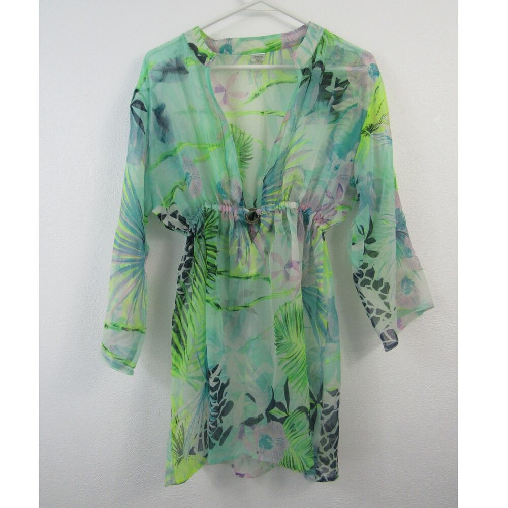 Creations One Size Green Blue Botanical Floral Print Swimsuit Coverup Sheer